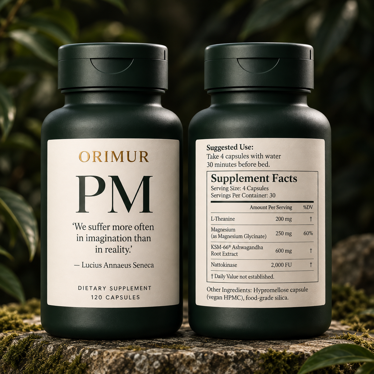 A single ORIMUR PM capsule bottle in soft moonlight