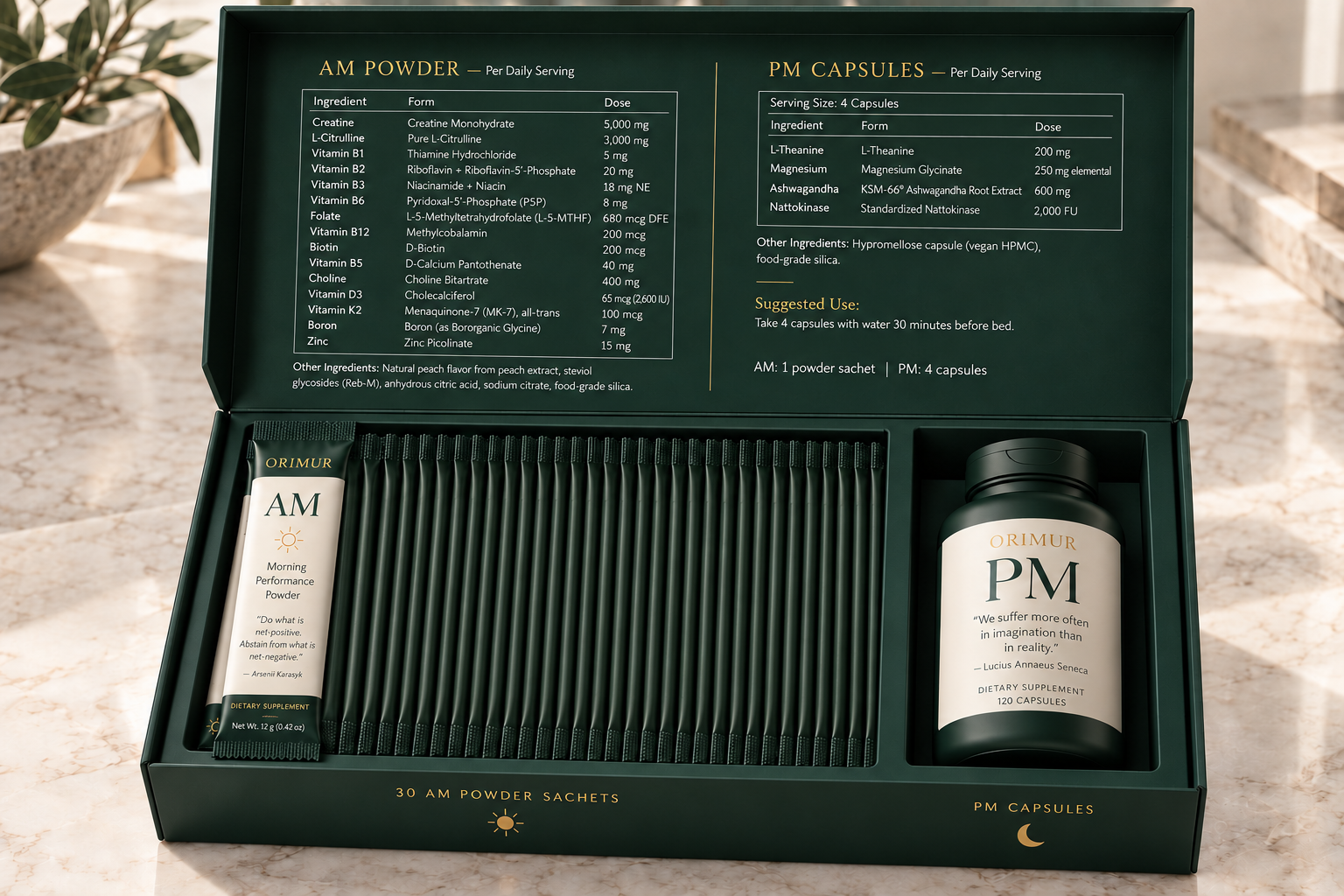 The open ORIMUR system box showing AM sachets alongside the PM capsule bottle