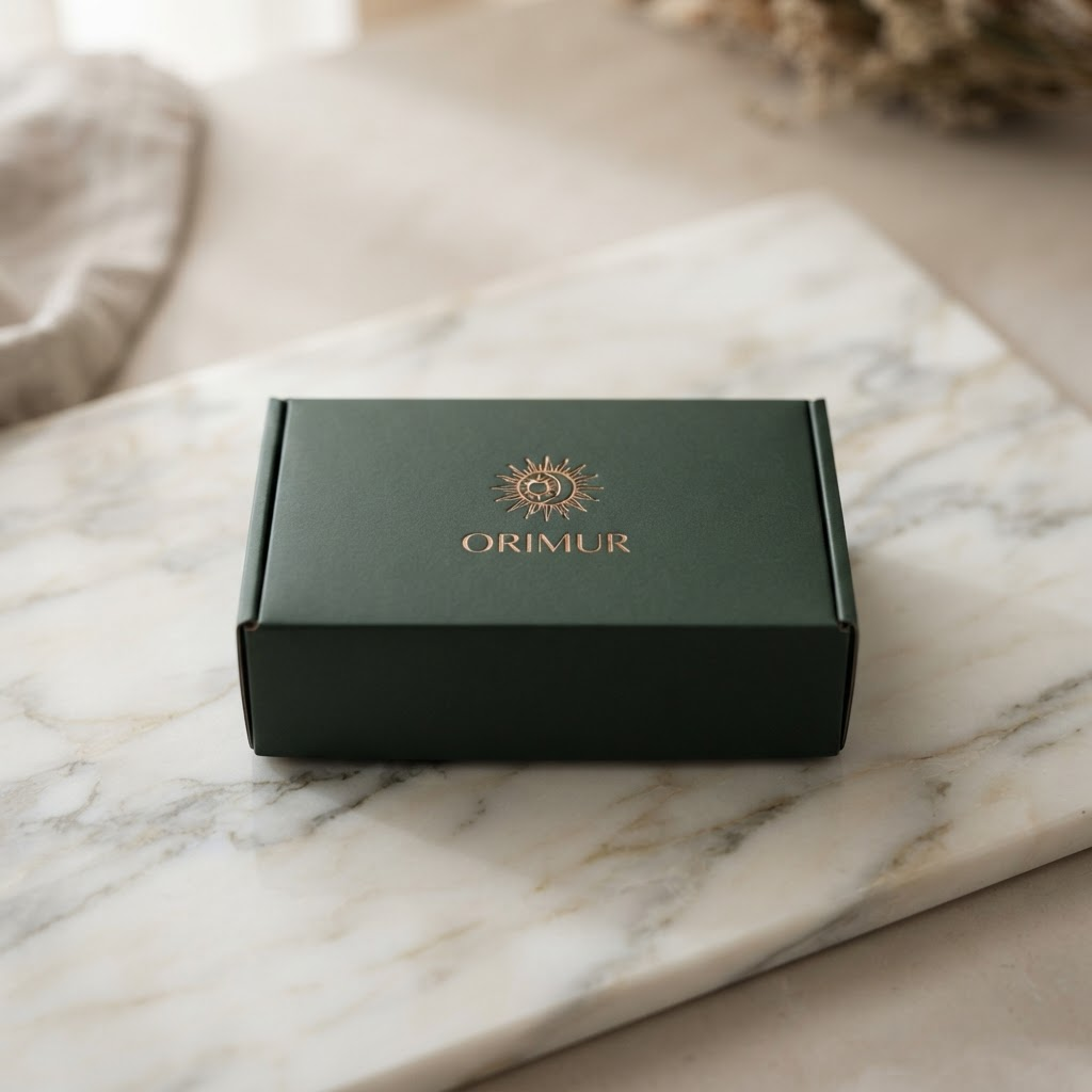 The closed ORIMUR system box resting on a slab of veined marble